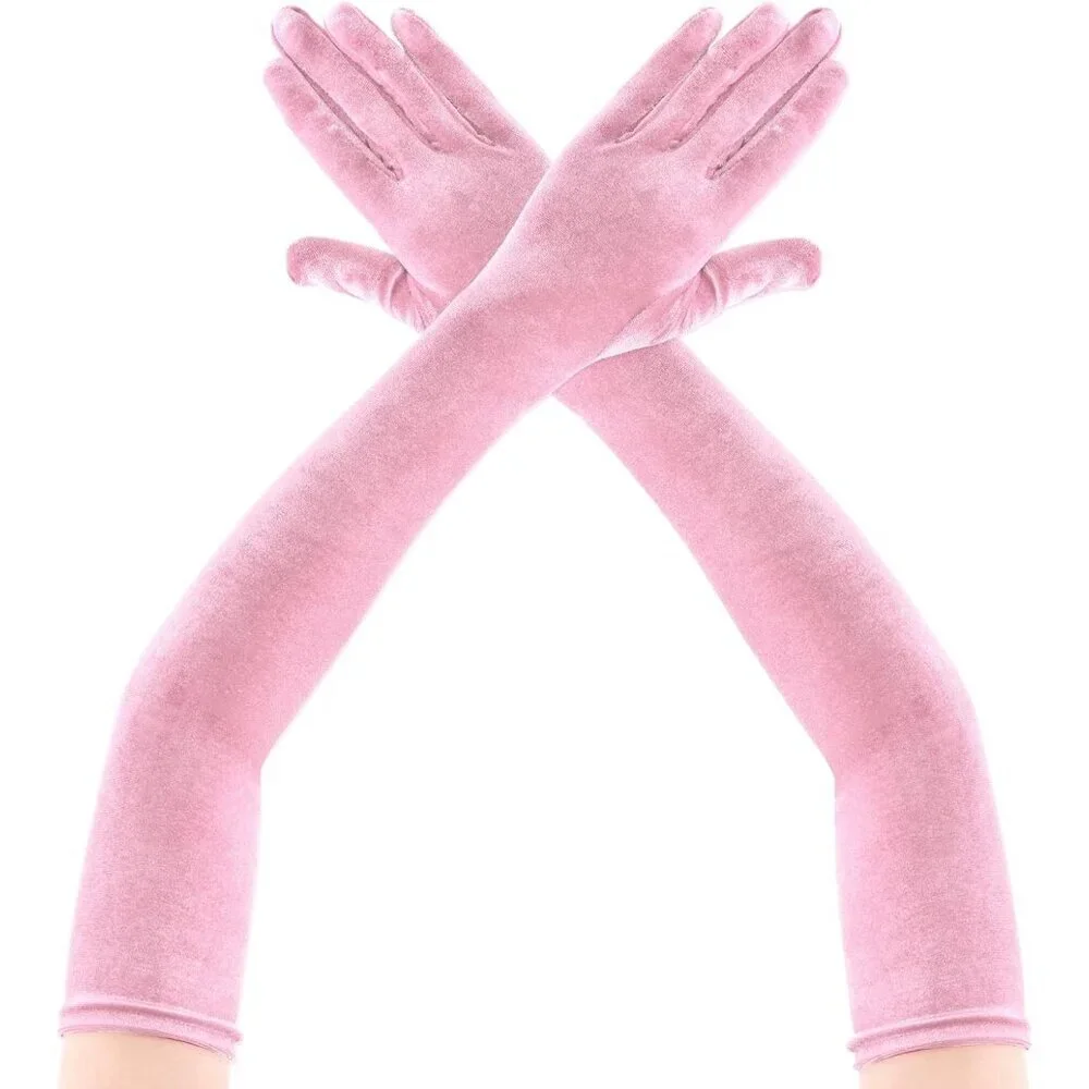 Women's Pink Velvet Long Gloves Elbow Length Costume Flapper Evening Banquet